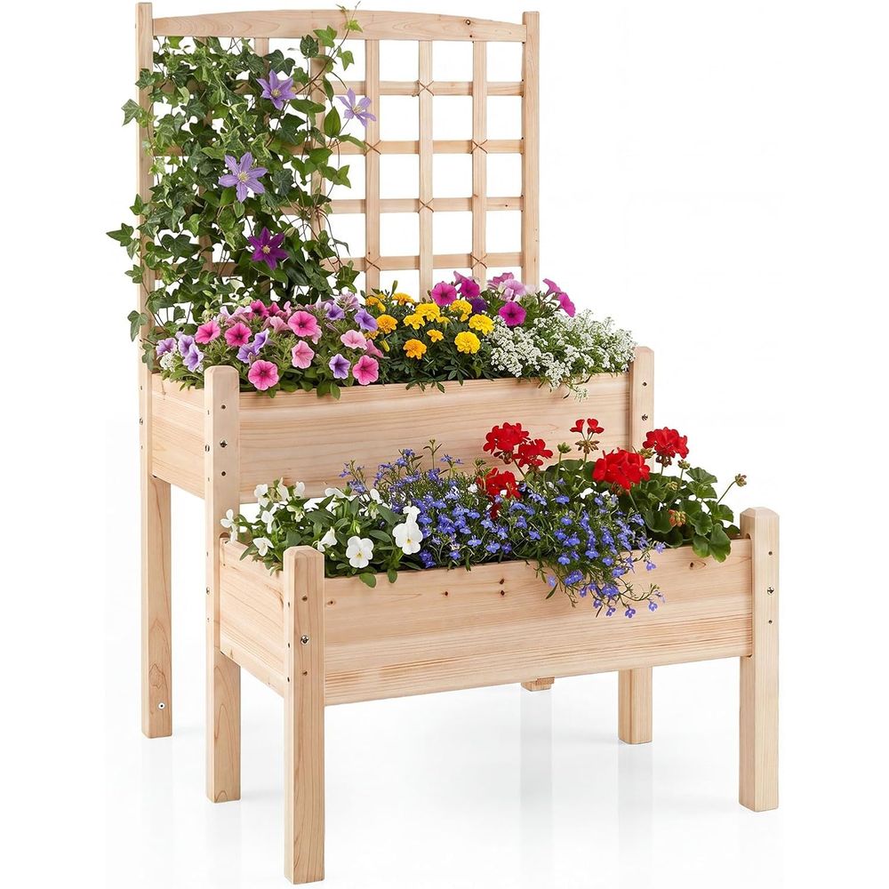 Raised Bed Planter Box - Raised Garden Bed with Trellis, 2-Tier